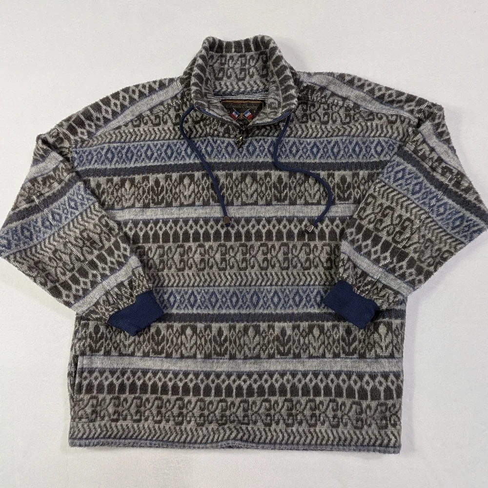vtg French Country Express Blue Patterned Quarter-Zip Sweatshirt Mens Size S